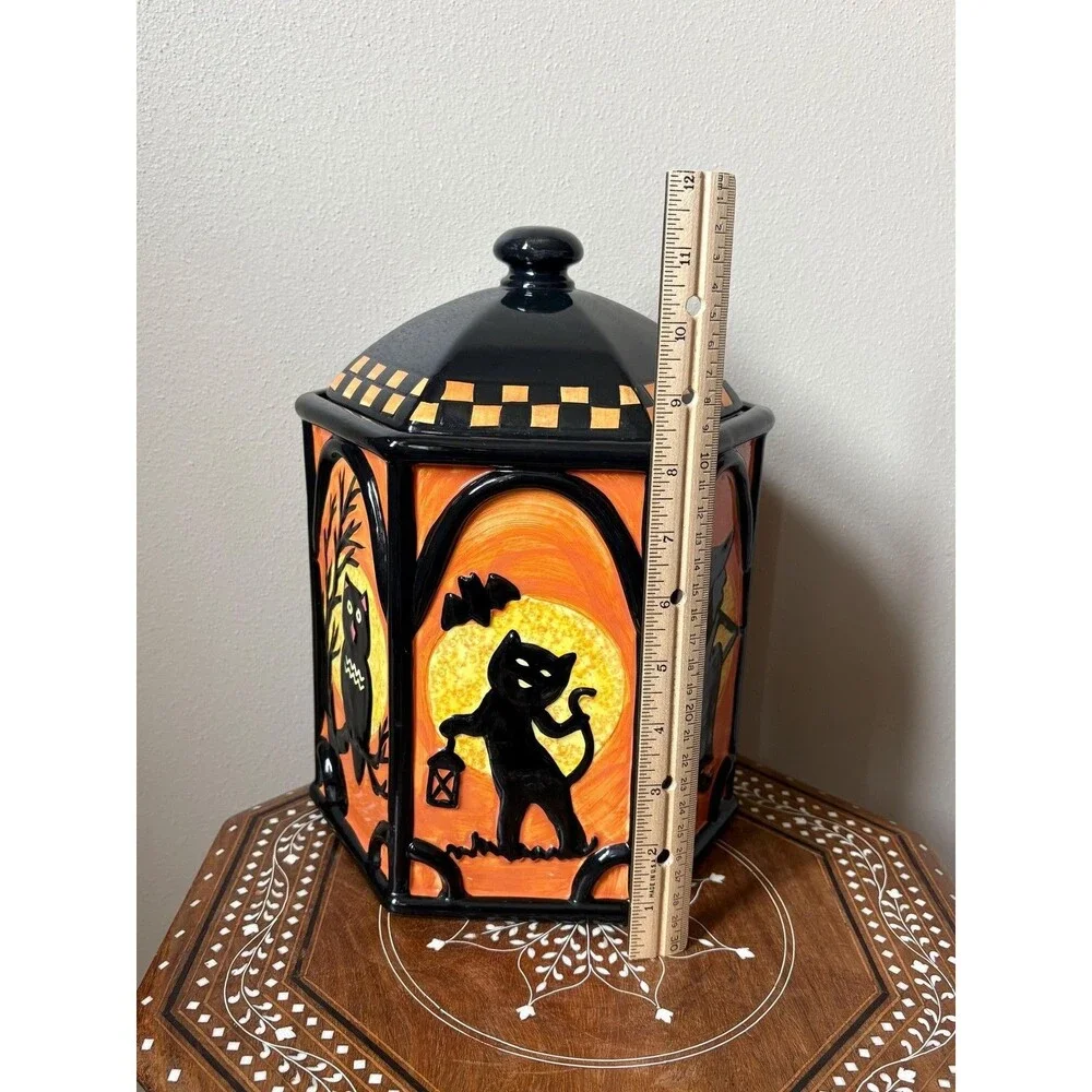 Vintage Spooky Hollow 11” Halloween Cookie Jar Witch Black Cat Owl Orange Black